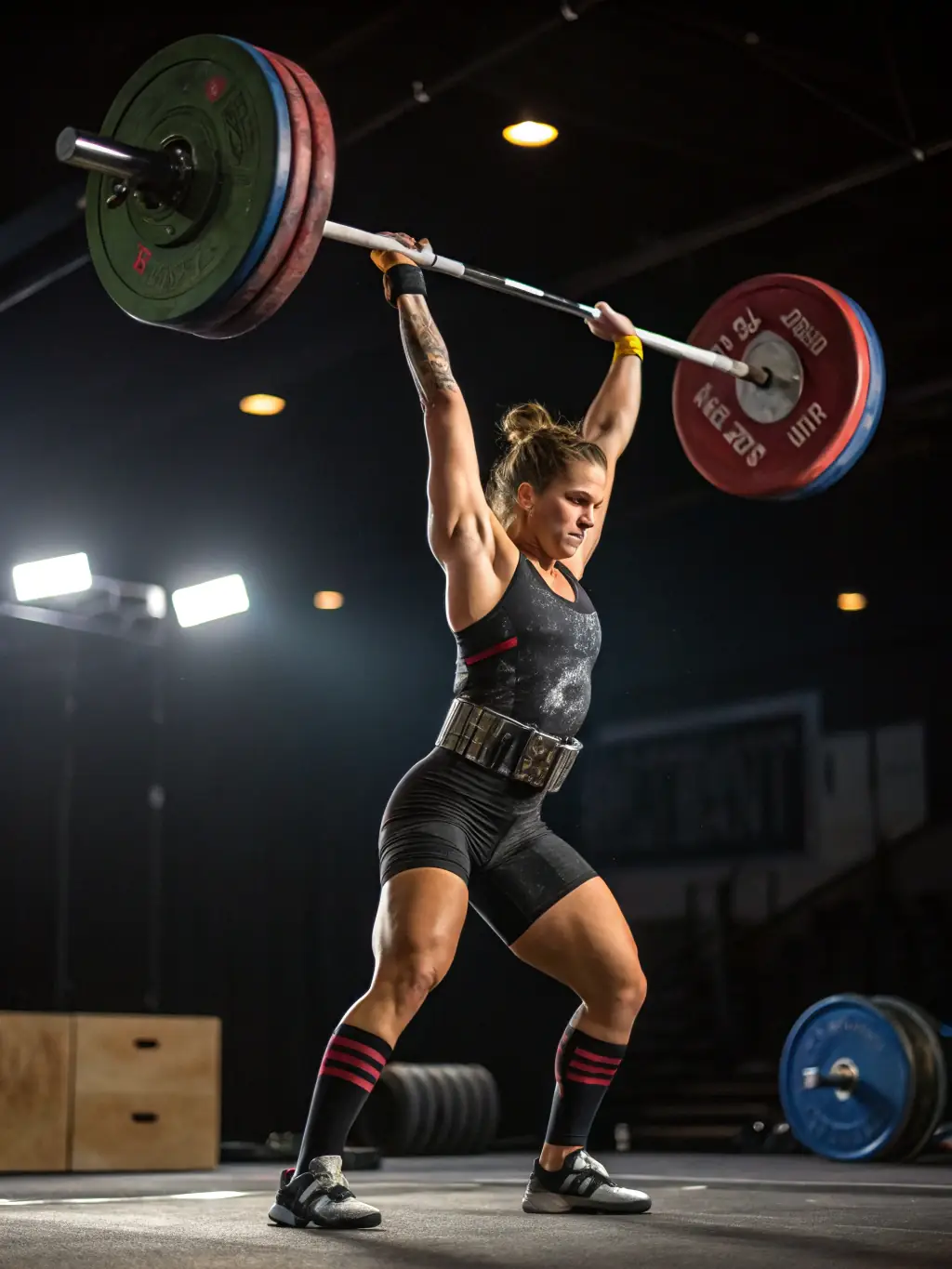 A powerful image of a weightlifter successfully lifting a heavy barbell, demonstrating strength and determination.