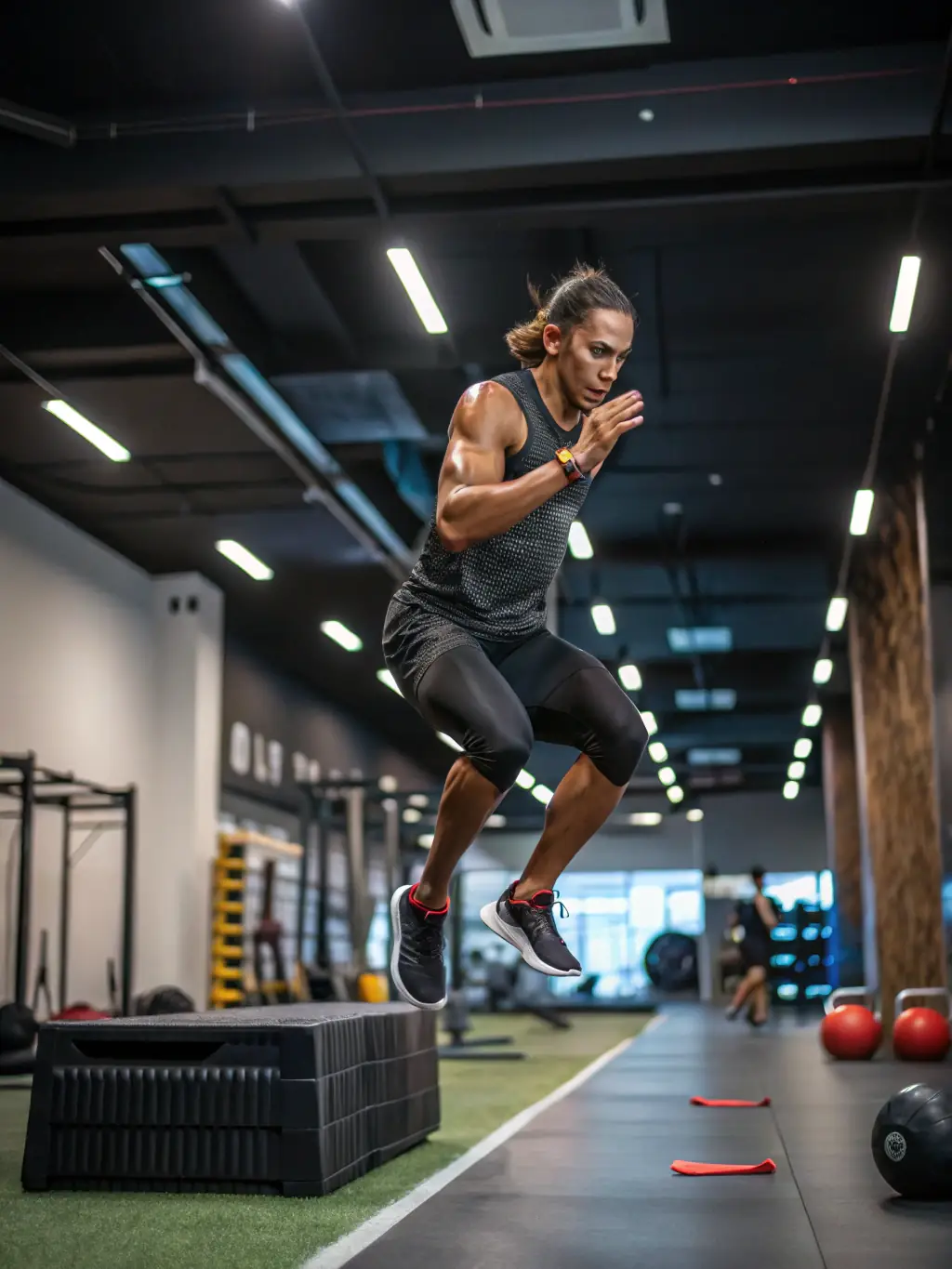 A dynamic shot of athletes engaged in a CrossFit workout, highlighting the intensity and variety of exercises.