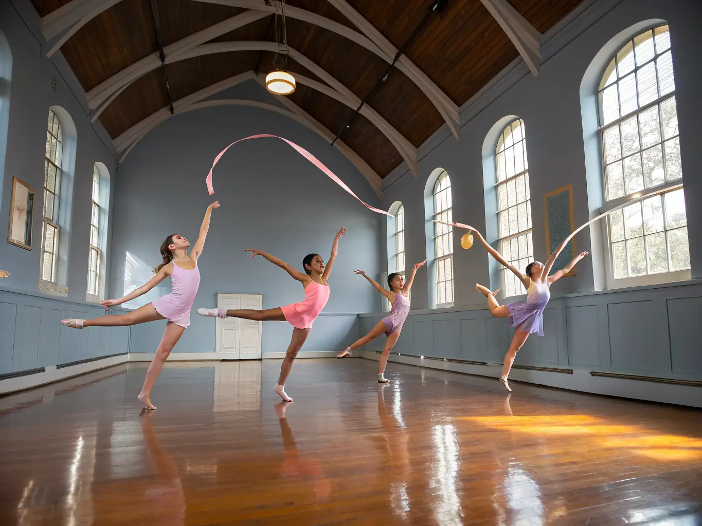 An elegant photo of gymnasts practicing on the floor at ASSOCIATION SPORTIVE COAHOMA X TAHKA, emphasizing flexibility, balance, and coordination.