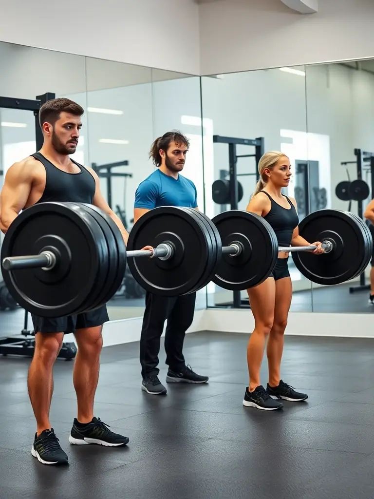 An athlete successfully lifting weights during a weightlifting session, demonstrating strength and determination, with a coach providing guidance.