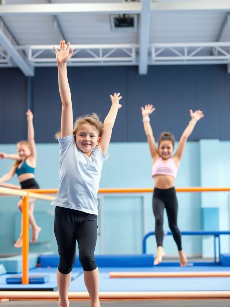 A diverse group of athletes participating in a gymnastics class, showcasing inclusivity and accessibility, with a focus on proper form and technique.